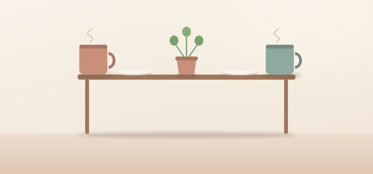 夫婦で囲む食卓の、2つのマグカップと観葉植物のイラスト