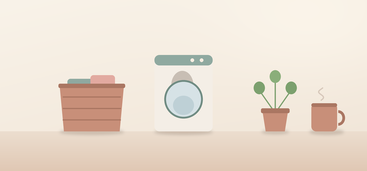 洗濯かごと洗濯機と観葉植物のイラスト