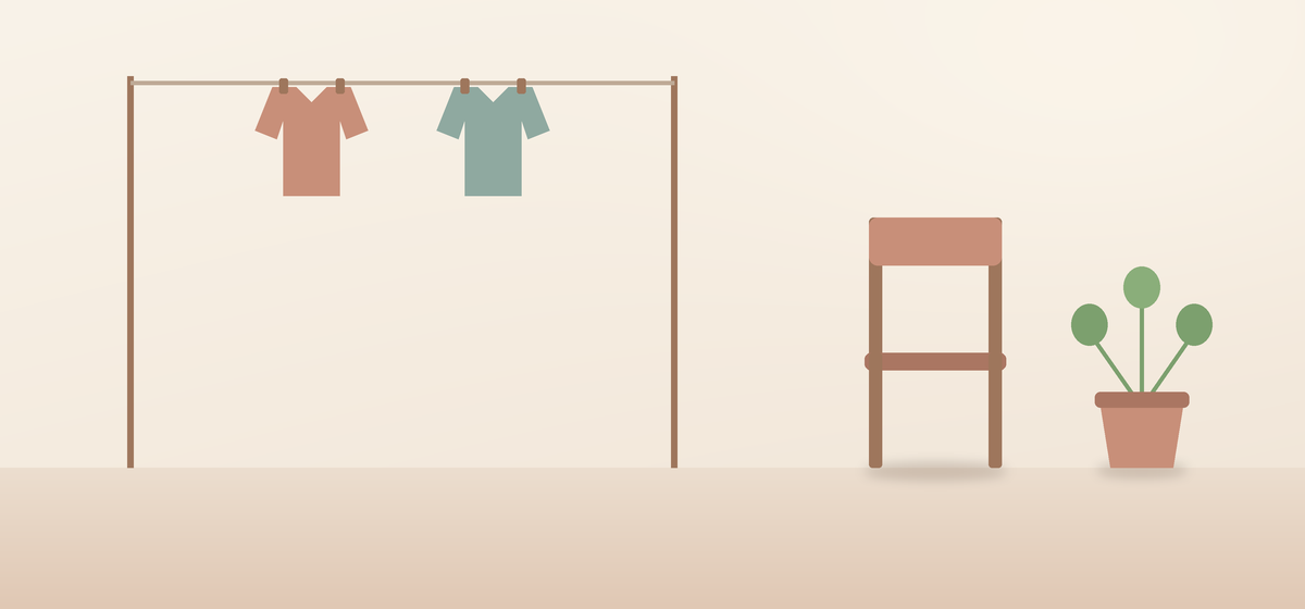 物干しにかかった2枚の服と、空いた椅子のイラスト
