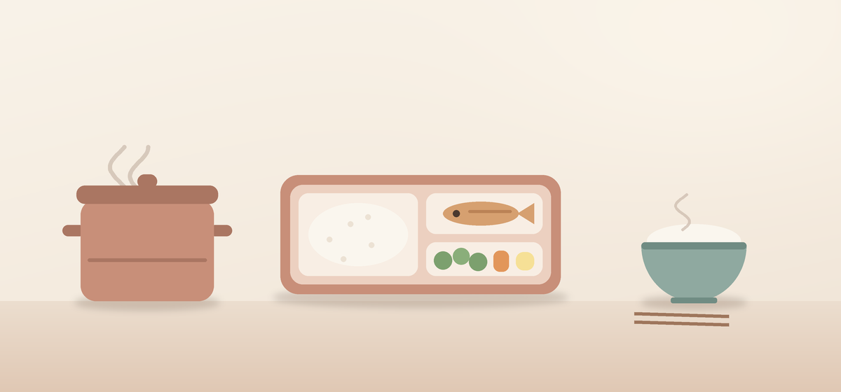 鍋とお弁当と、湯気の立つごはん茶碗のイラスト