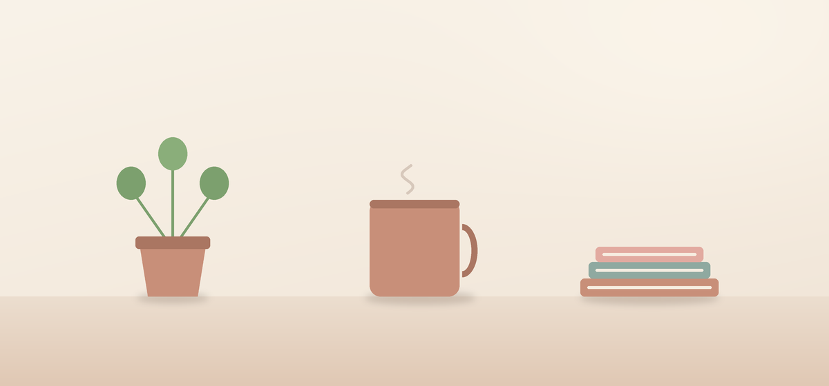 観葉植物とマグカップと本のイラスト